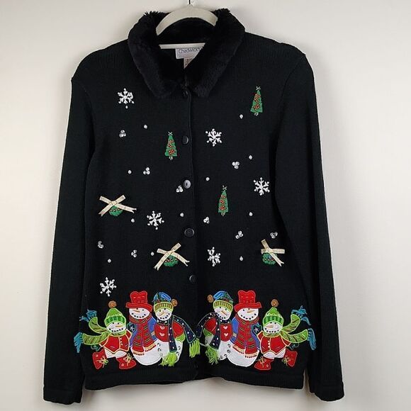 Chadwick's Black Cardigan Applique Embroidered Snowmen Christmas Sweater - Picture 1 of 13
